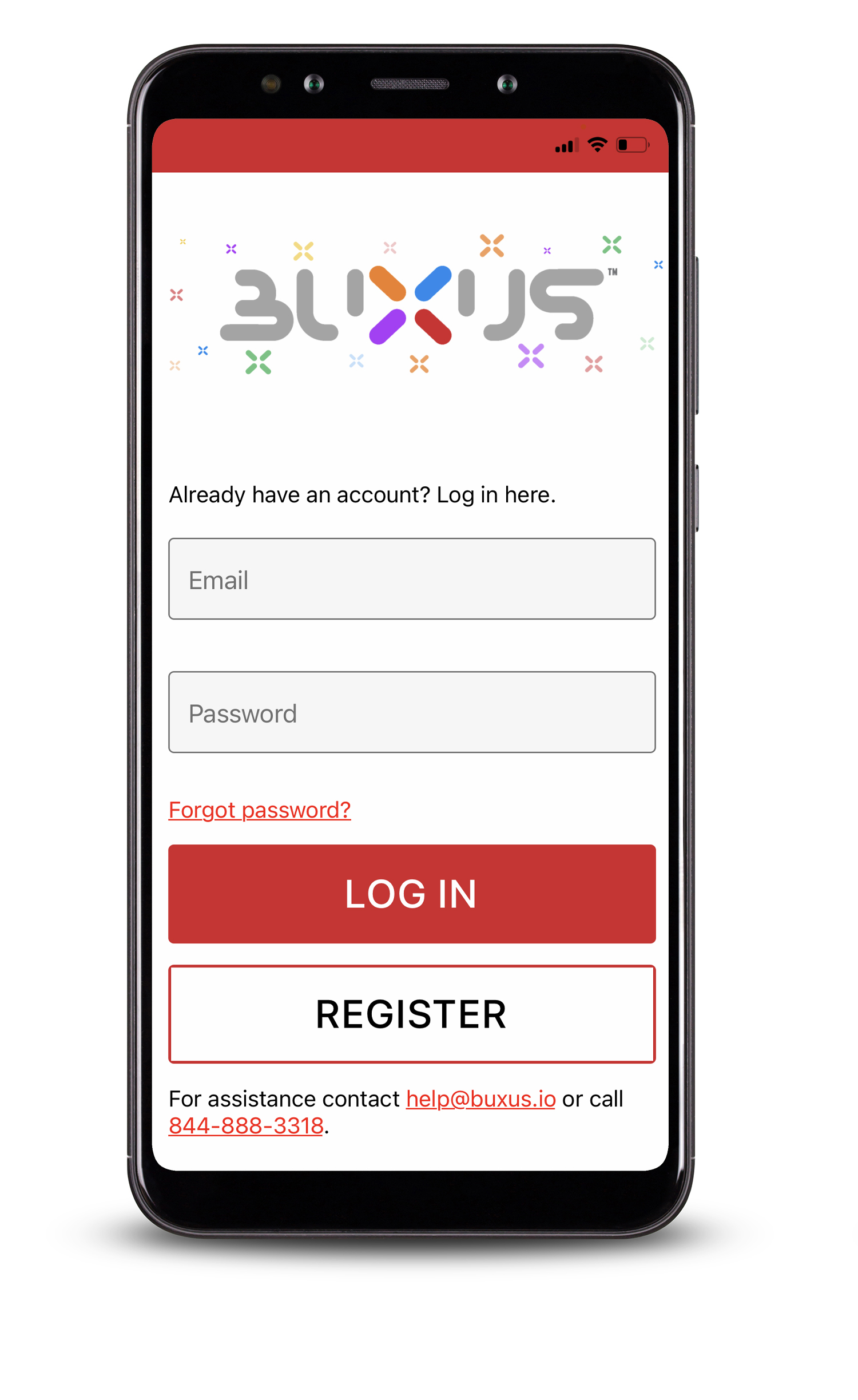 Buxus Login Screen on Mobile Device